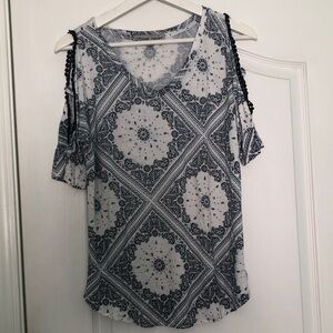Absolutely Famous Black and White Cold Shoulder Blouse